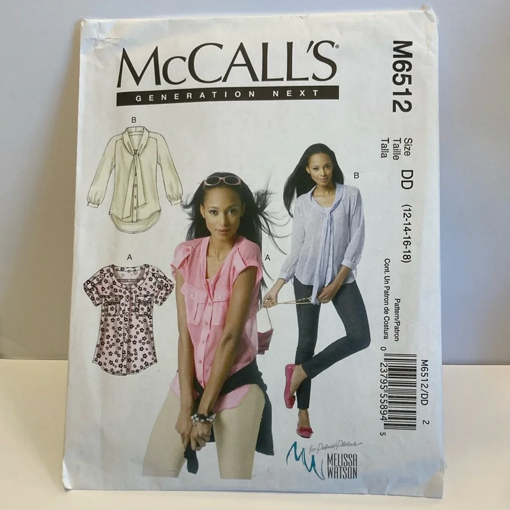 McCall’s 6512 sewing pattern blouse, no shoulder seams, bust 34”-40”